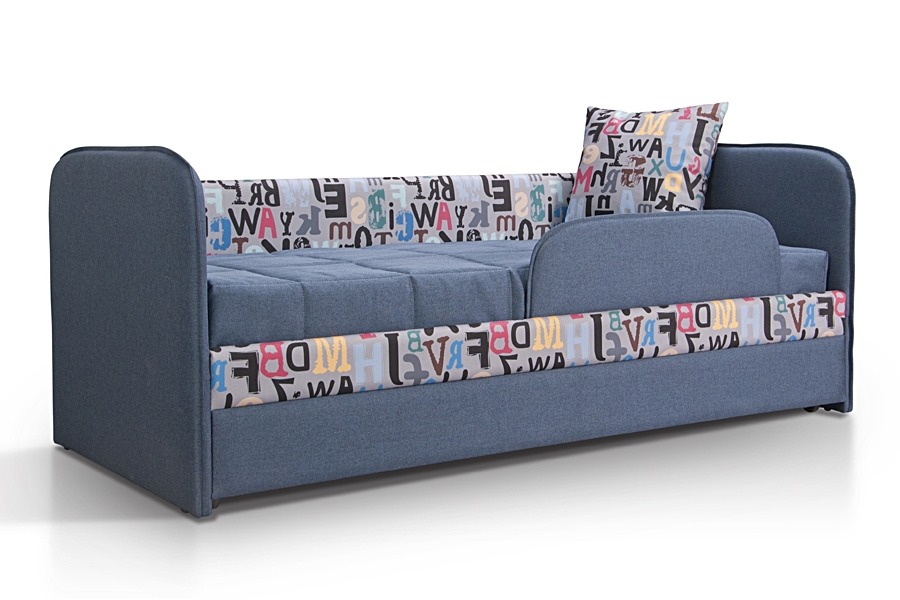 Детский диван-кровать ИВИ принт алфавит ткань синяя с бортиками
