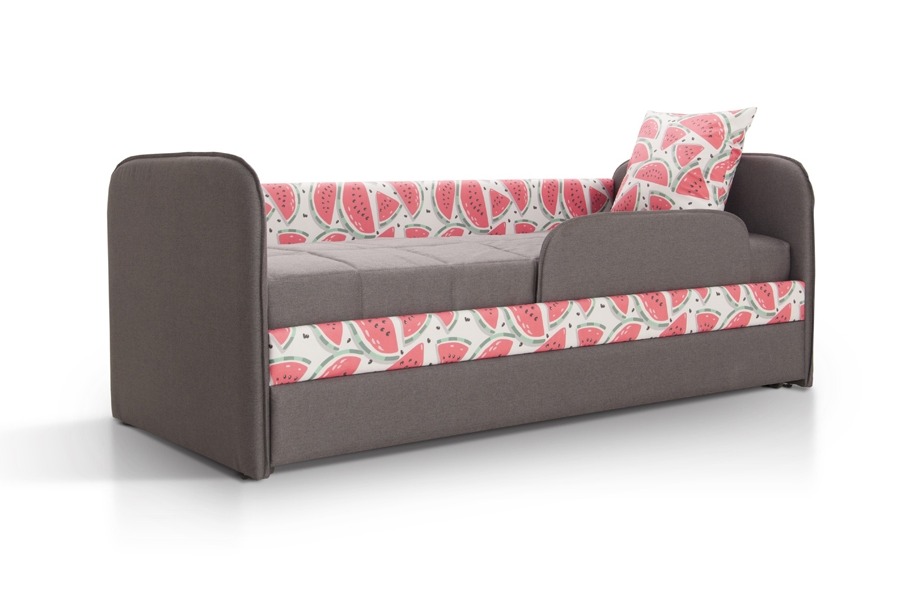 Детский диван-кровать ИВИ, принт арбузы ткань серая с бортиками