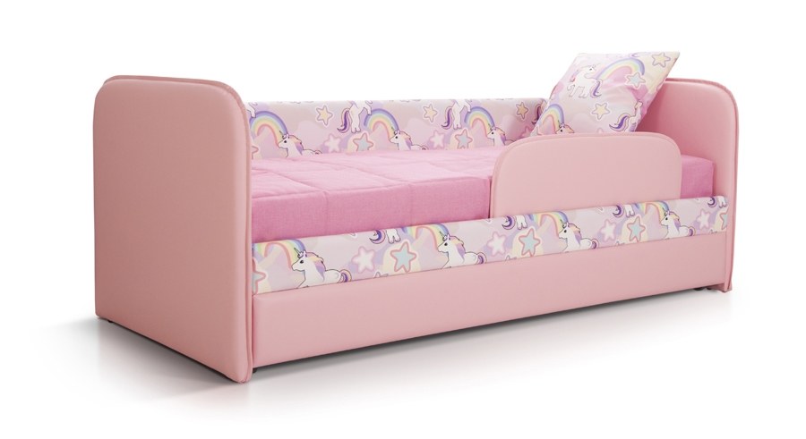 Детский диван-кровать ИВИ принт Единороги ткань розовая с бортиками