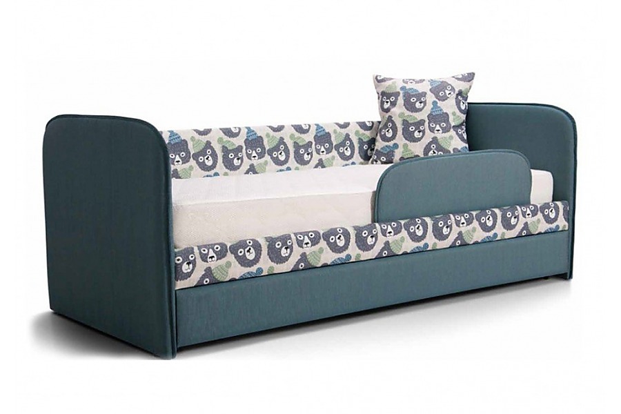 Детский диван-кровать ИВИ принт мишка в шапке ткань Class синий с бортиками