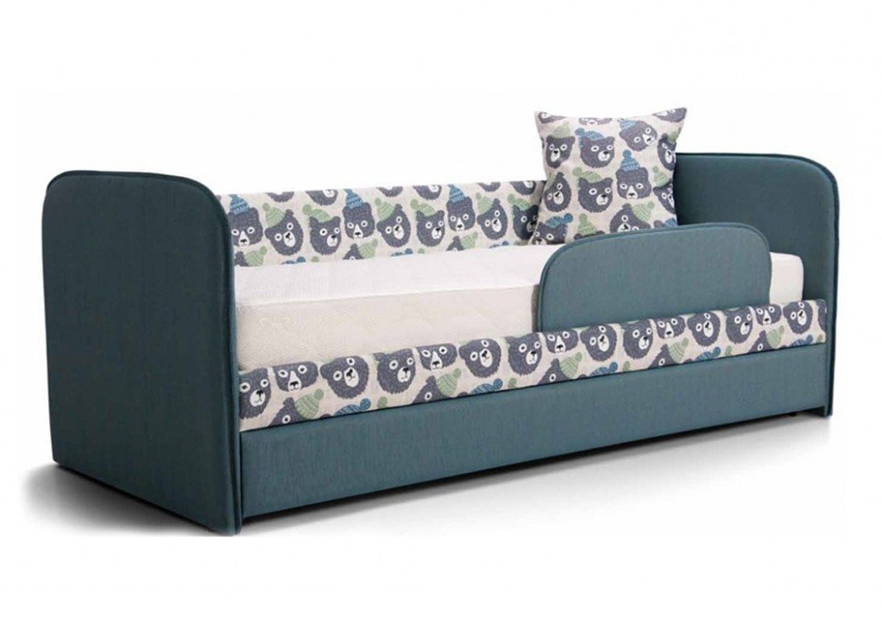 Детский диван-кровать ИВИ принт мишка в шапке ткань Class синий с бортиками
