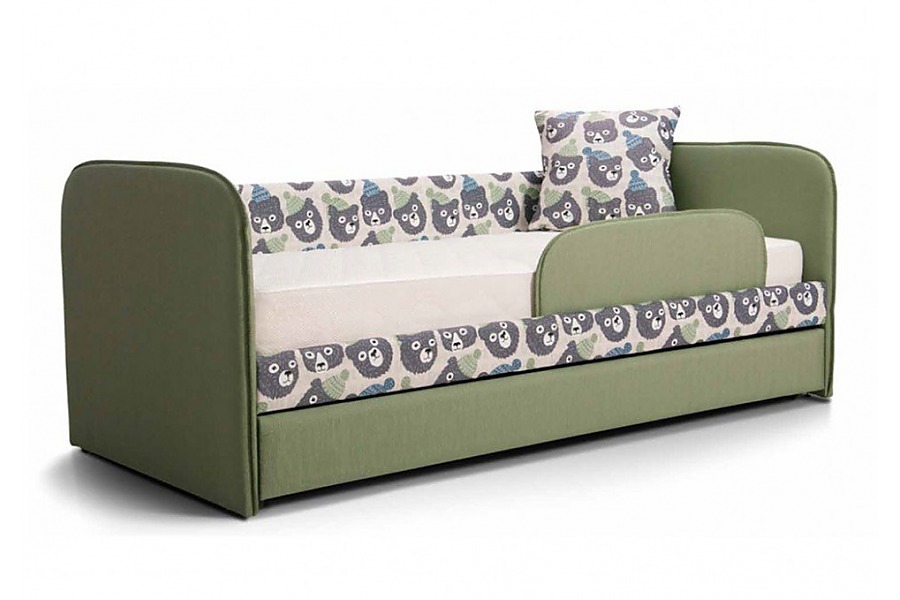 Кровать IVY - Иви | принт Мишка в шапке, ткань Class зеленый