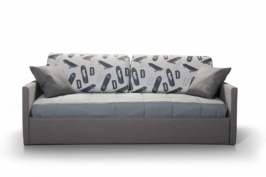 Кровать КЕРРИ - KERRY цвет Серый  со встроенным матрасом  + комплект приспинных подушек, принт Скейт