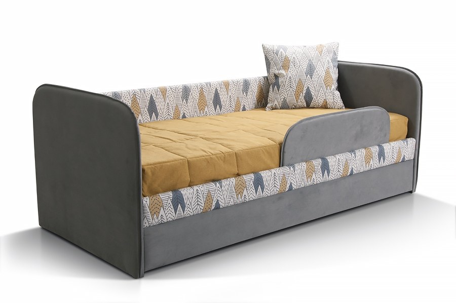 Детский диван-кровать ИВИ принт сосна ткань синяя с бортиками