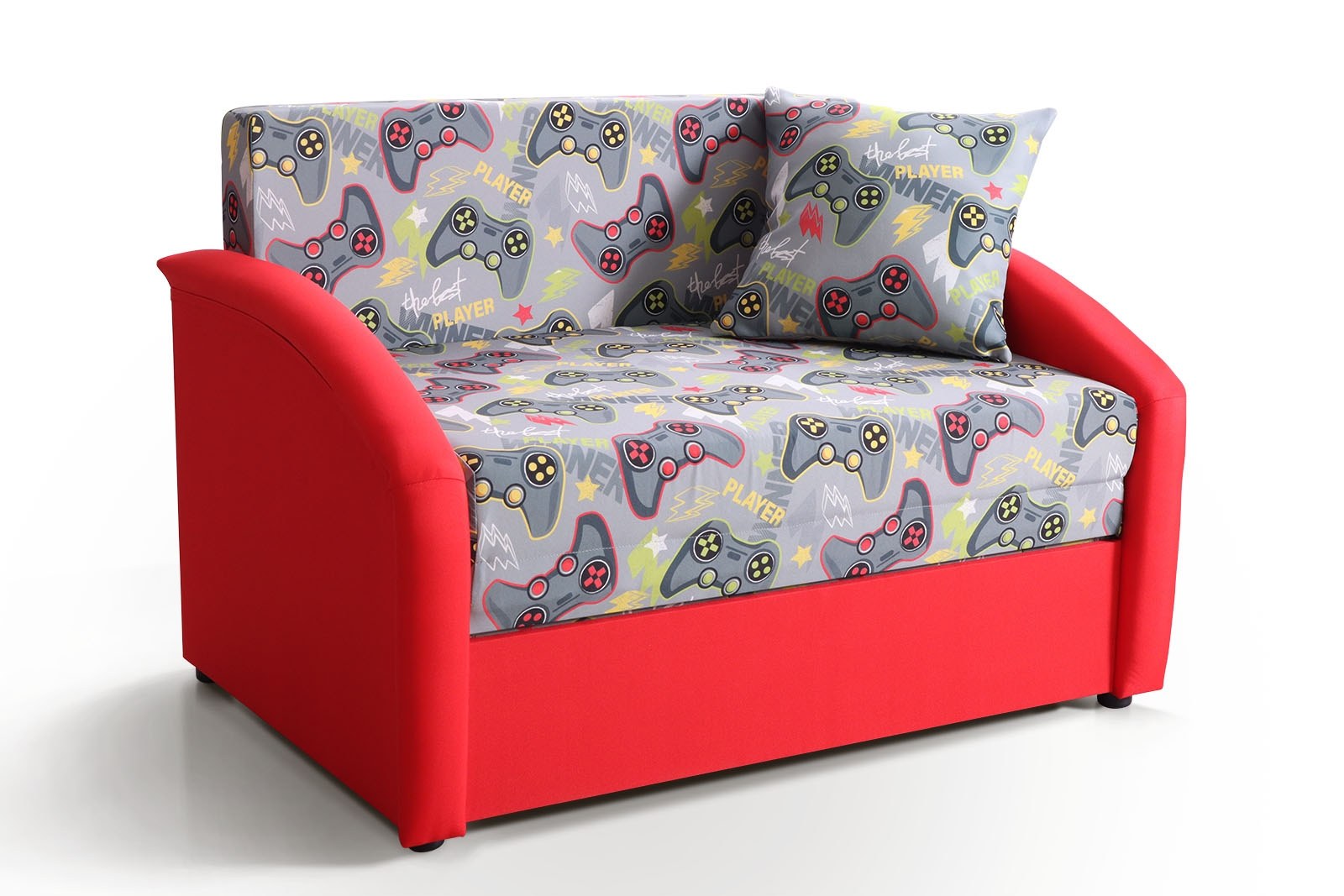 Детский диван- кровать Даня 1000 принт джойстики красный выкатной с ящиком для белья
