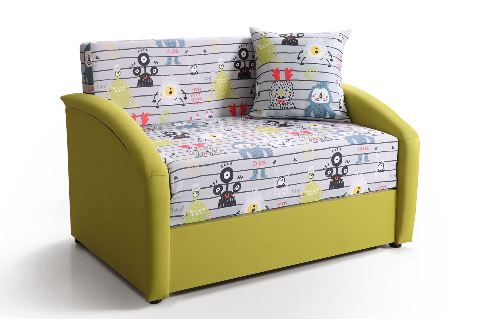 Детский диван- кровать Даня 1000 принт монстрики зеленый выкатной с ящиком для белья