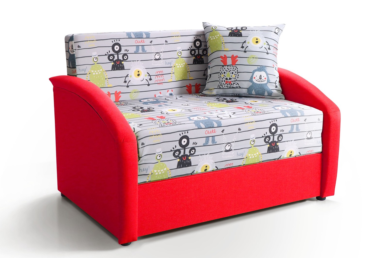Детский диван-кровать Даня 1000 принт монстрики красный выкатной с ящиком для белья